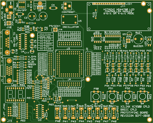 The PCB of a DIY CPLD experimental board with XC9572 and XC95108